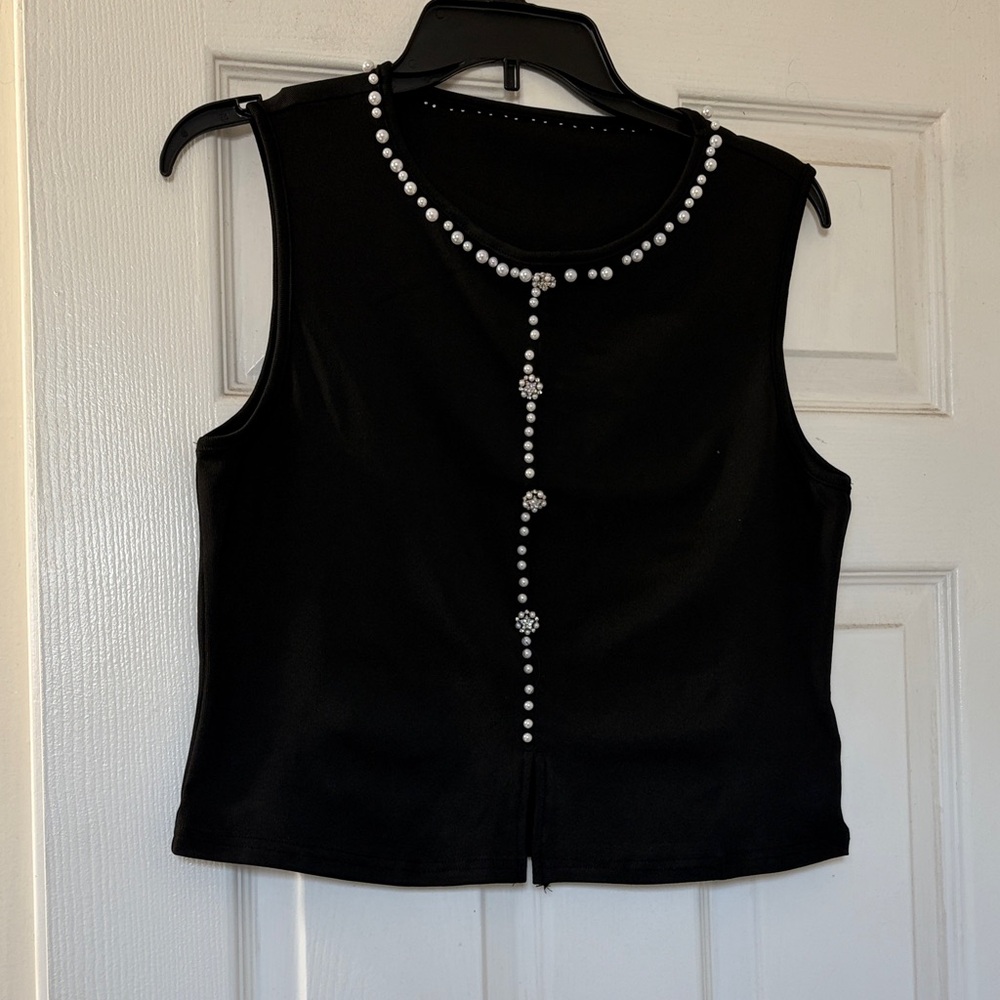 SHEIN Black Crop Top with Pearl Accents